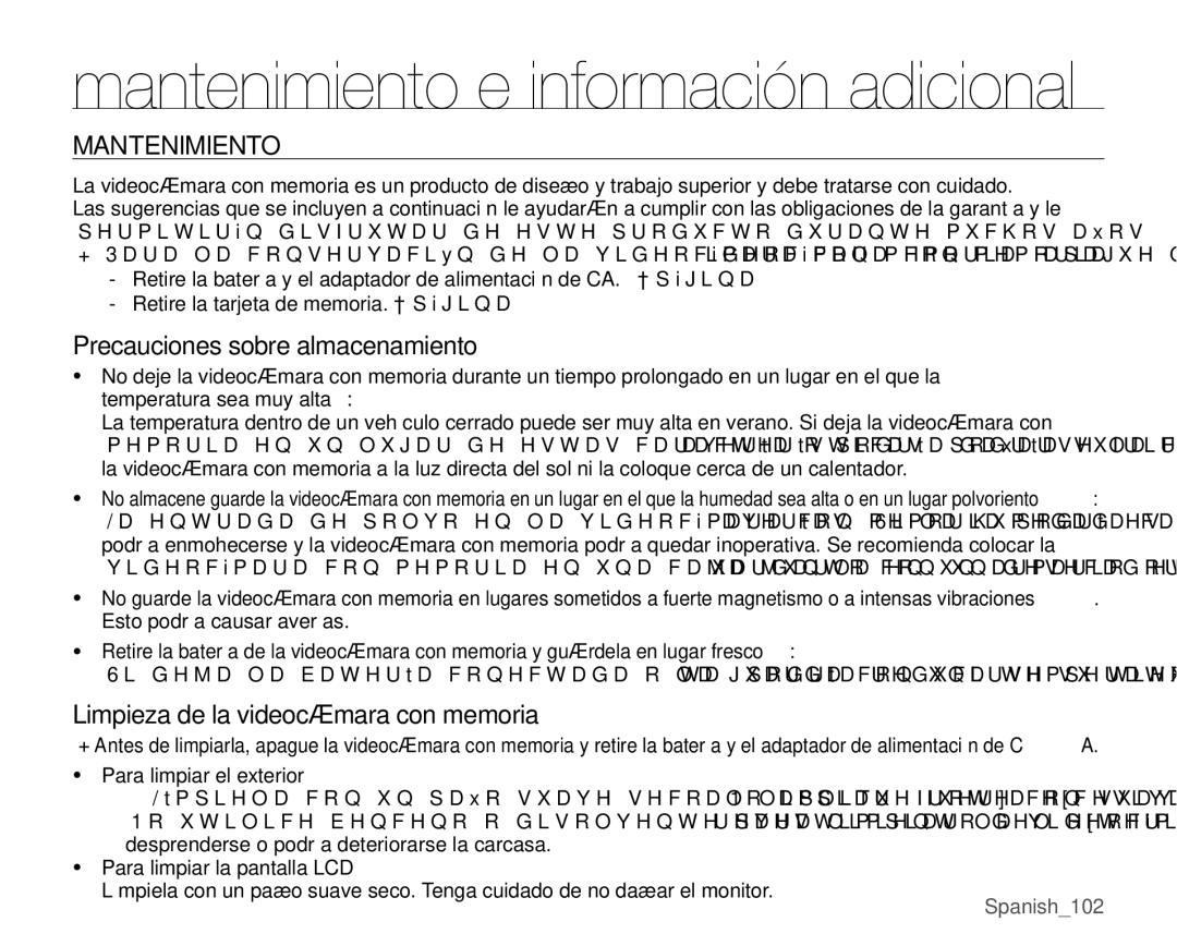 Samsung VP-MX25E/EDC manual Mantenimiento, Precauciones sobre almacenamiento, Limpieza de la videocámara con memoria 