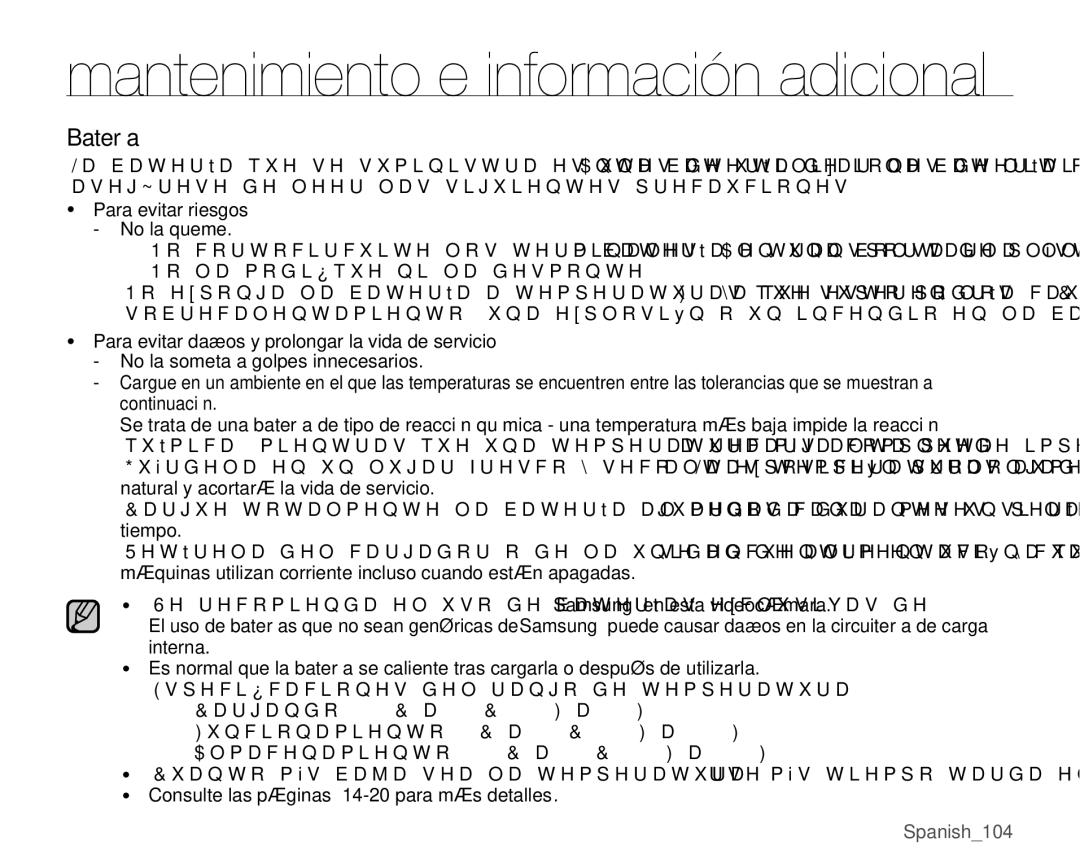 Samsung VP-MX25E/EDC manual Batería, Dvhj~UhvhGhOhhuOdvVljxlhqwhvSuhfdxflrqhv, Tiempo 