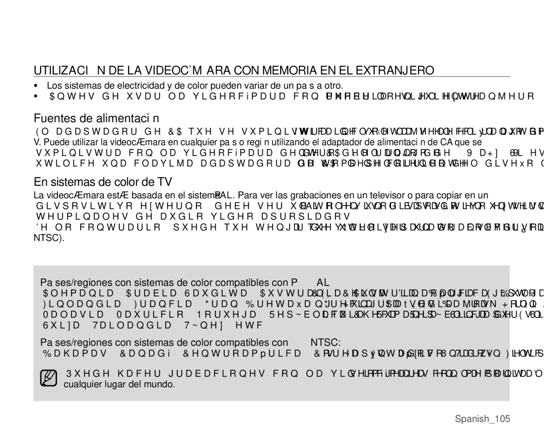 Samsung VP-MX25E/EDC manual Utilización DE LA Videocámara CON Memoria EN EL Extranjero, Fuentes de alimentación 