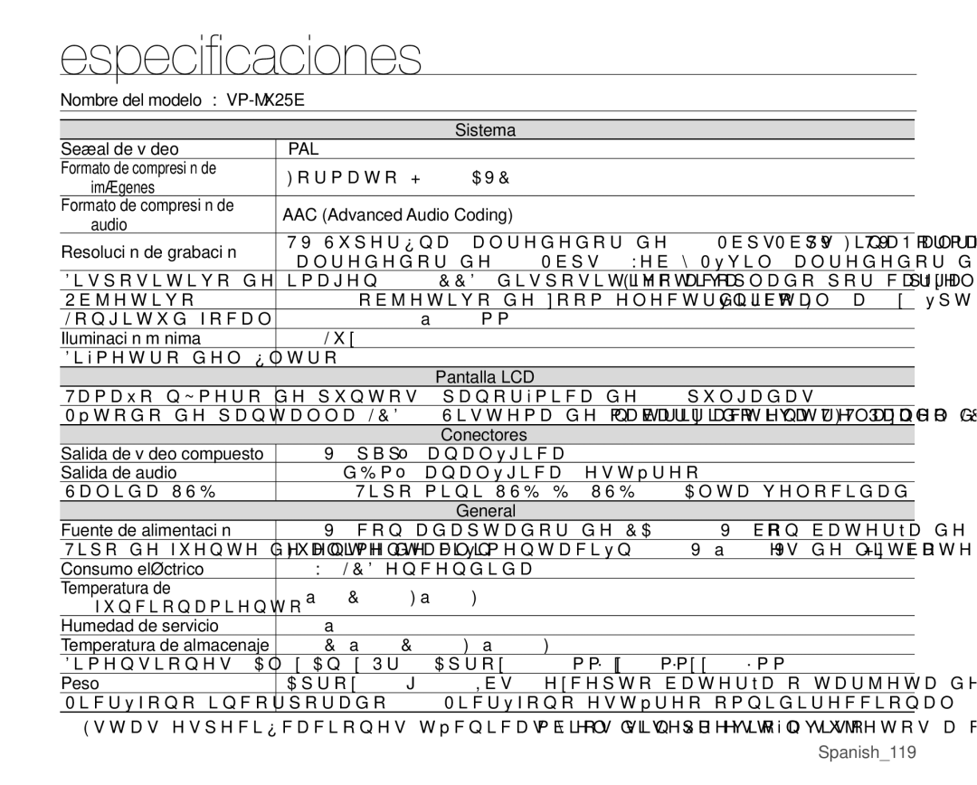 Samsung VP-MX25E/EDC manual Especiﬁcaciones, Nombre del modelo VP-MX25E Sistema 