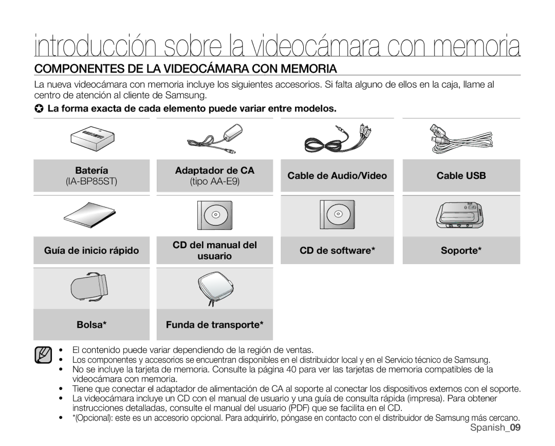 Samsung VP-MX25E/EDC Componentes DE LA Videocámara CON Memoria, Cable USB, Guía de inicio rápido, CD de software, Bolsa 