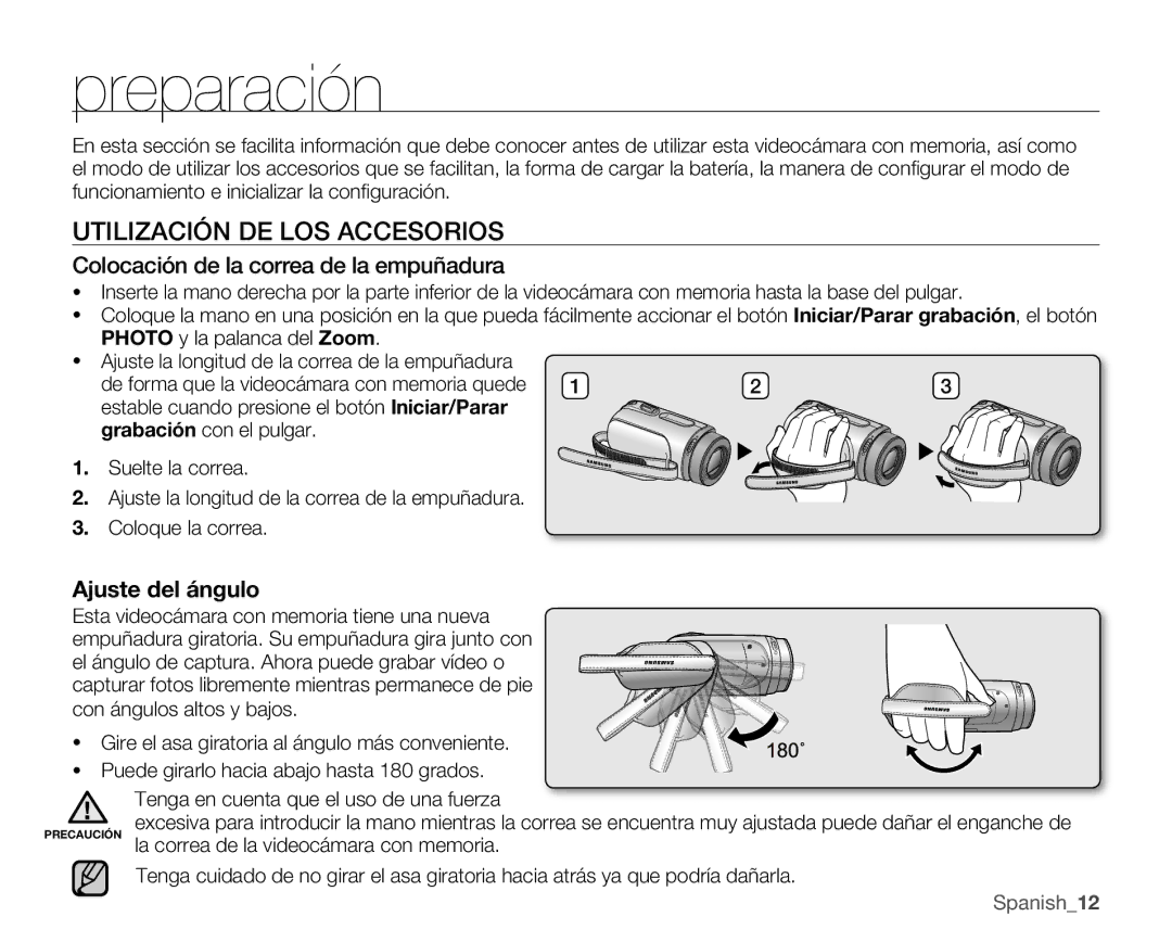 Samsung VP-MX25E/EDC manual Preparación, Utilización DE LOS Accesorios, Colocación de la correa de la empuñadura 