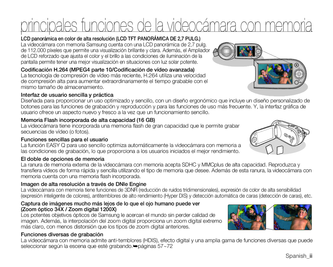 Samsung VP-MX25E/EDC manual Principales funciones de la videocámara con memoria 