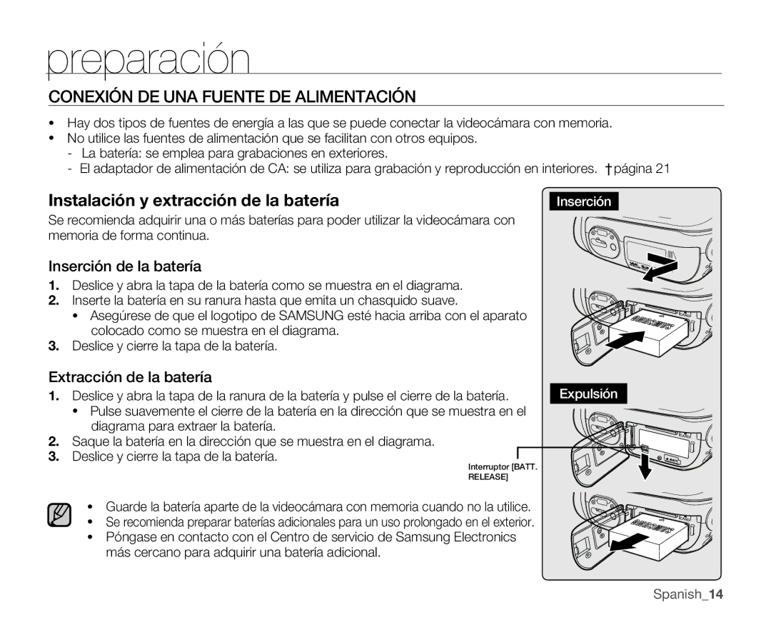 Samsung VP-MX25E/EDC manual Conexión DE UNA Fuente DE Alimentación, Inserción de la batería, Extracción de la batería 