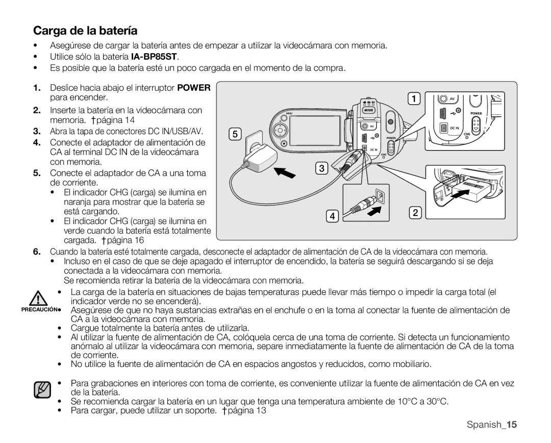 Samsung VP-MX25E/EDC manual Carga de la batería 