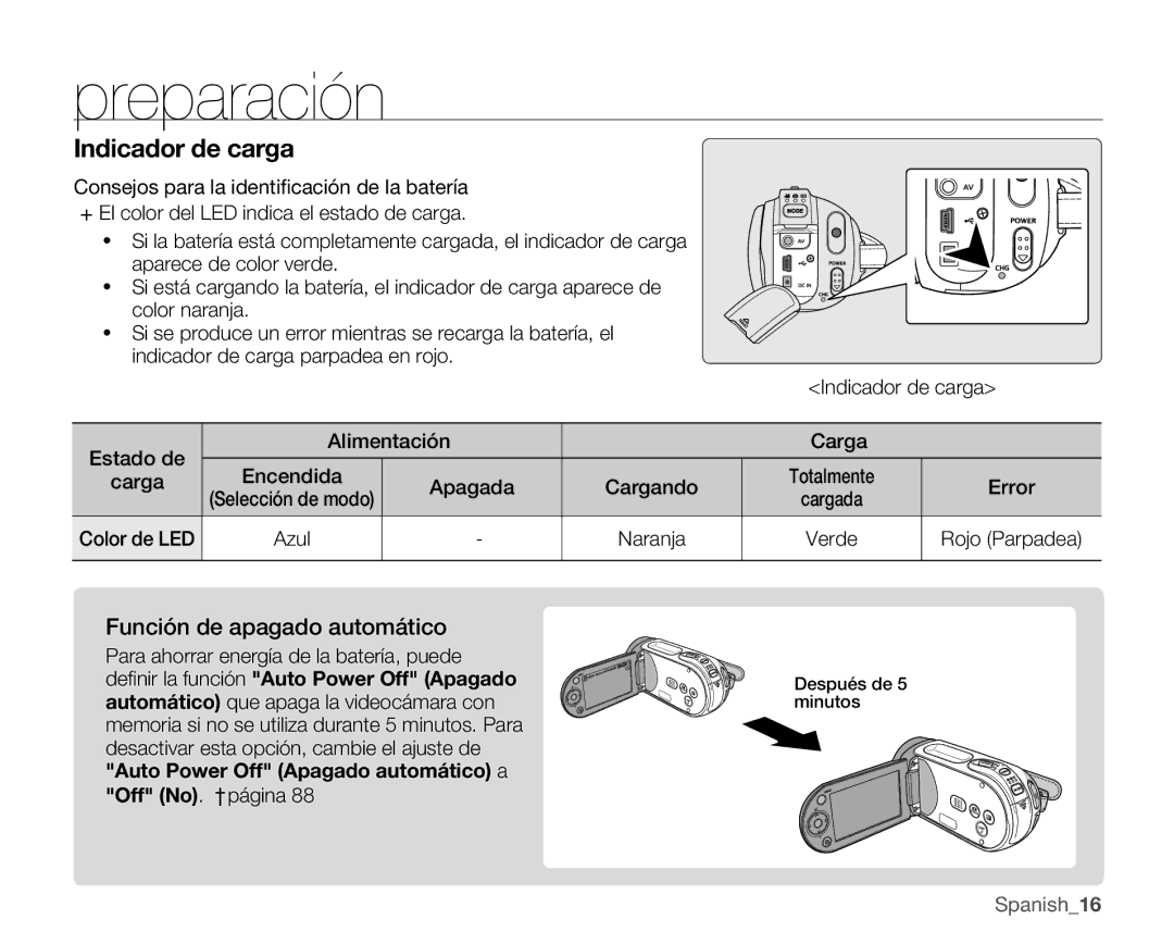 Samsung VP-MX25E/EDC manual Función de apagado automático, Apagada Cargando Error, Cargada, Verde 