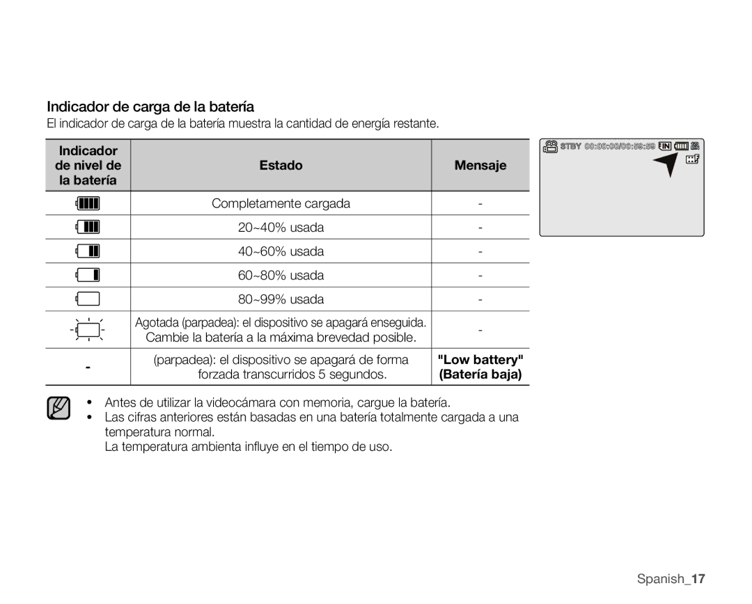 Samsung VP-MX25E/EDC manual Indicador de carga de la batería, Forzada transcurridos 5 segundos 