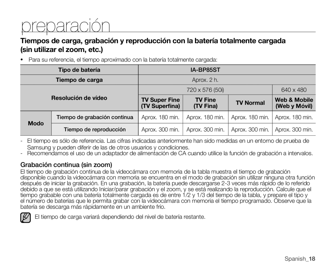 Samsung VP-MX25E/EDC manual Grabación continua sin zoom, Tipo de batería, IA-BP85ST, Resolución de vídeo, Modo 