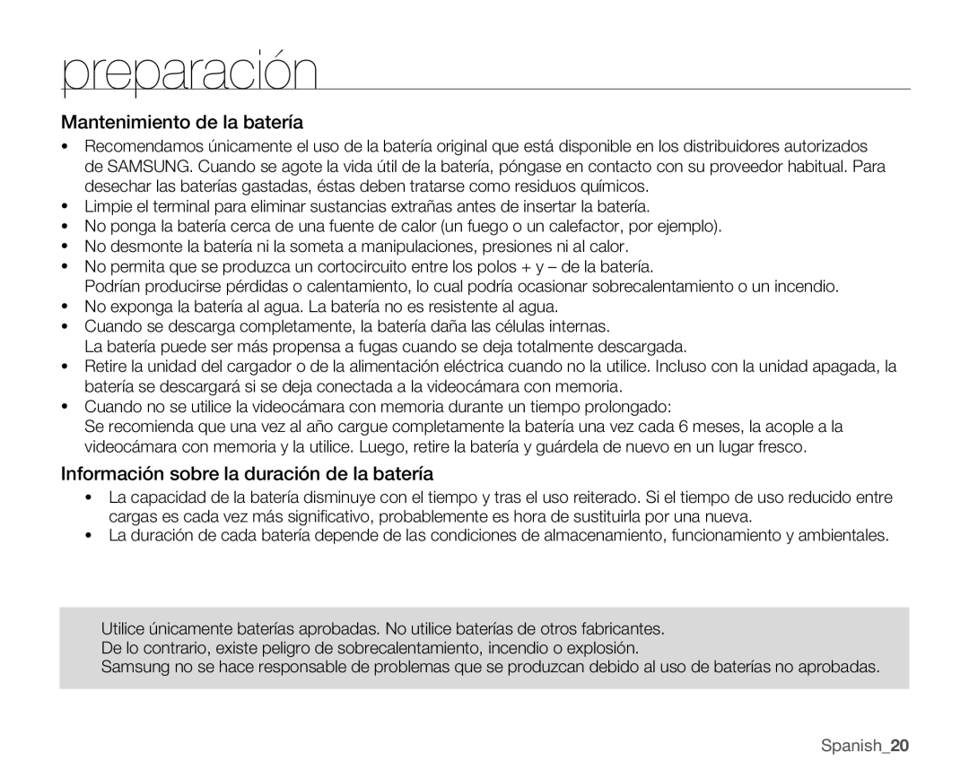 Samsung VP-MX25E/EDC manual Mantenimiento de la batería, Información sobre la duración de la batería 