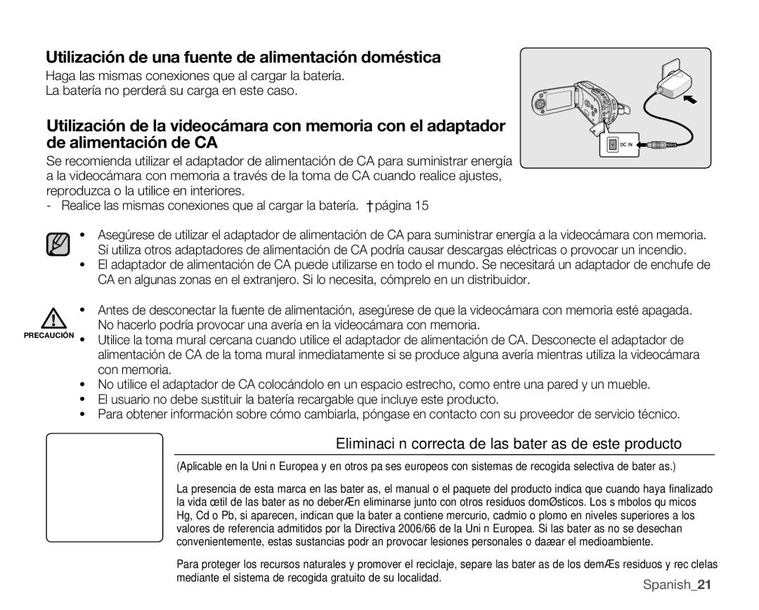 Samsung VP-MX25E/EDC manual Utilización de una fuente de alimentación doméstica 