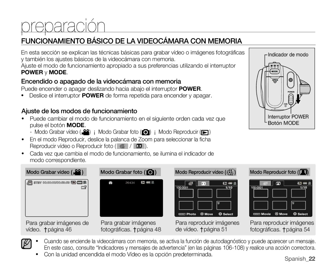 Samsung VP-MX25E/EDC manual Funcionamiento Básico DE LA Videocámara CON Memoria, Ajuste de los modos de funcionamiento 