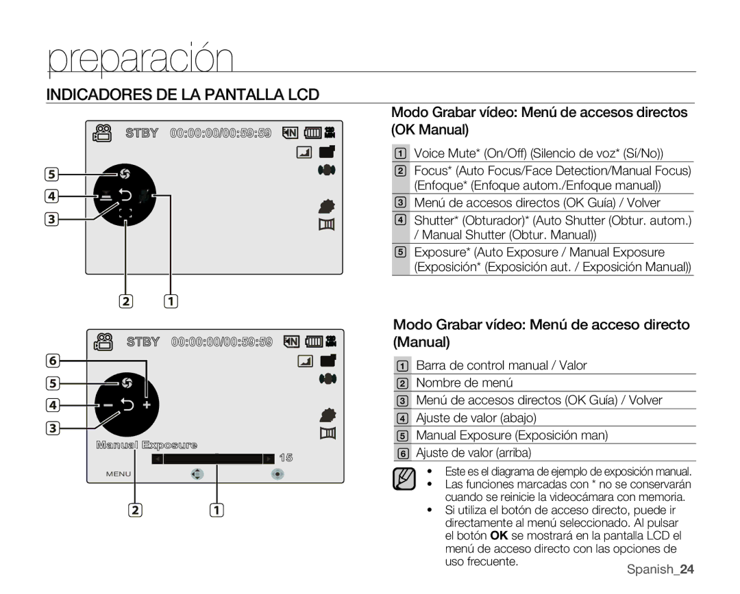 Samsung VP-MX25E/EDC Modo Grabar vídeo Menú de accesos directos OK Manual, Modo Grabar vídeo Menú de acceso directo Manual 