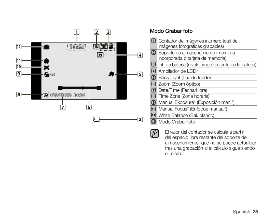 Samsung VP-MX25E/EDC manual Modo Grabar foto, Contador de imágenes número total de, Imágenes fotográﬁcas grabables 