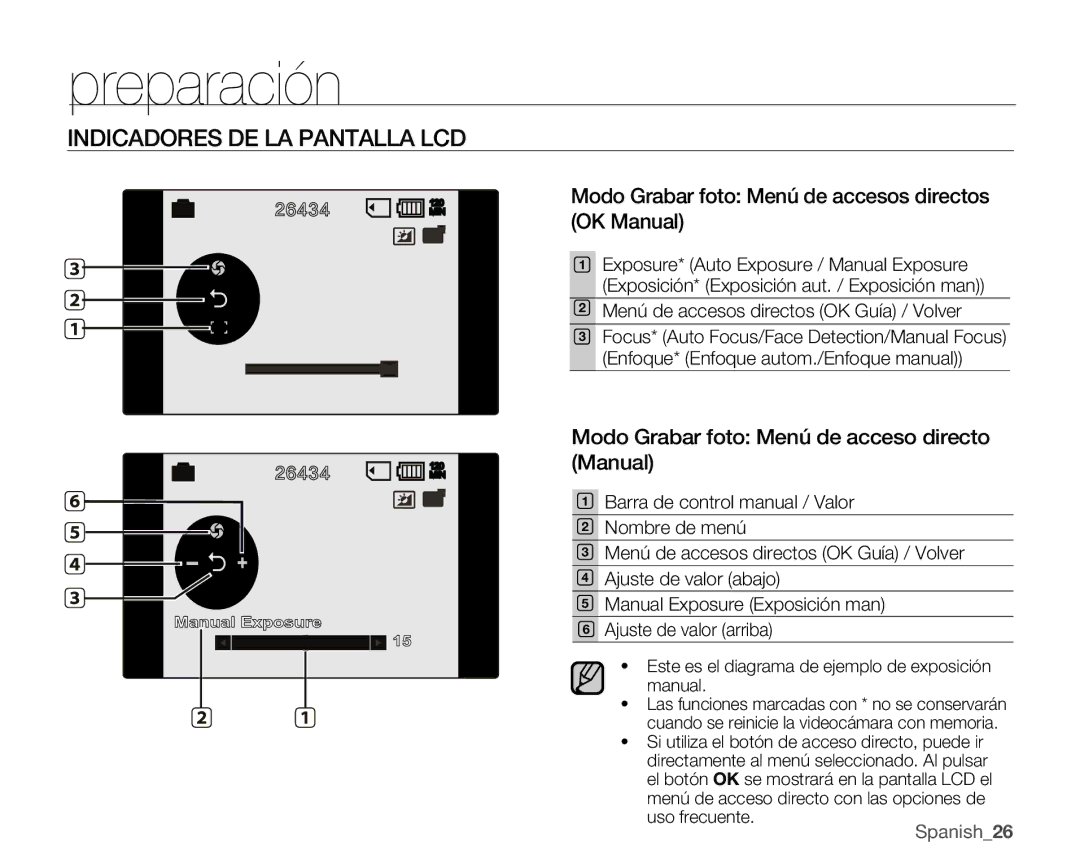 Samsung VP-MX25E/EDC Modo Grabar foto Menú de accesos directos OK Manual, Modo Grabar foto Menú de acceso directo Manual 