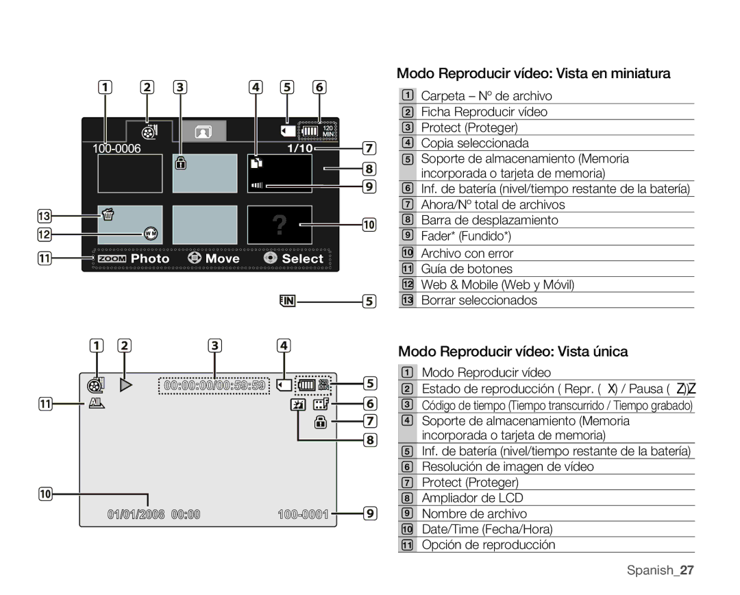 Samsung VP-MX25E/EDC manual Modo Reproducir vídeo Vista en miniatura, Modo Reproducir vídeo Vista única 