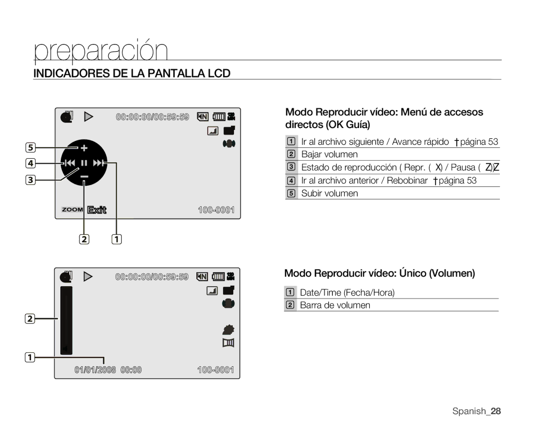 Samsung VP-MX25E/EDC manual Modo Reproducir vídeo Menú de accesos directos OK Guía, Modo Reproducir vídeo Único Volumen 