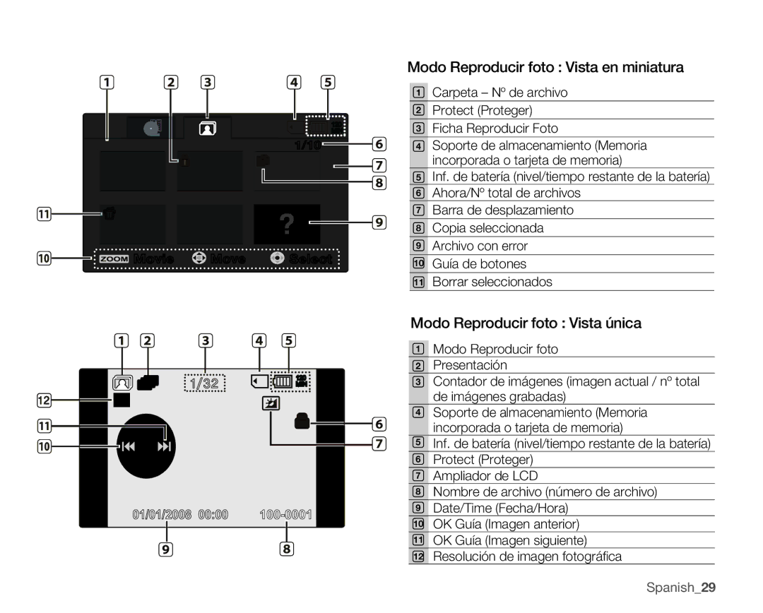 Samsung VP-MX25E/EDC manual Modo Reproducir foto Vista en miniatura, Modo Reproducir foto Vista única 