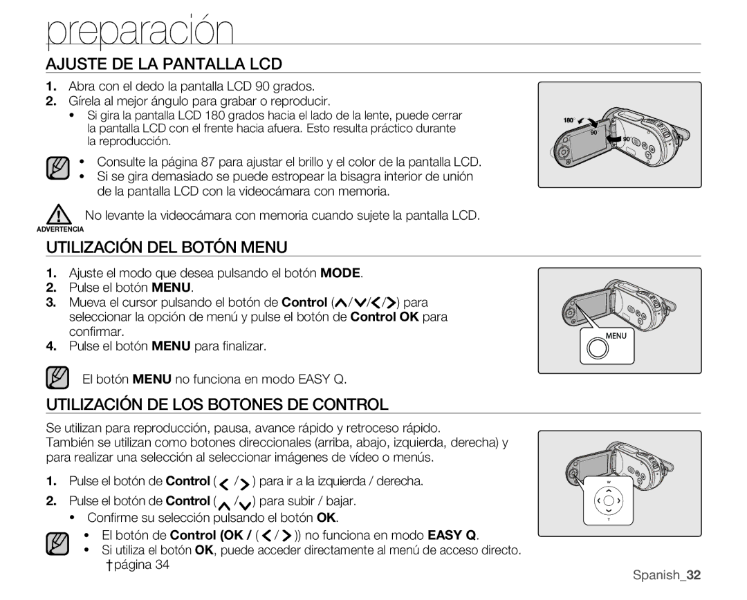 Samsung VP-MX25E/EDC manual Ajuste DE LA Pantalla LCD, Utilización DEL Botón Menu, Utilización DE LOS Botones DE Control 