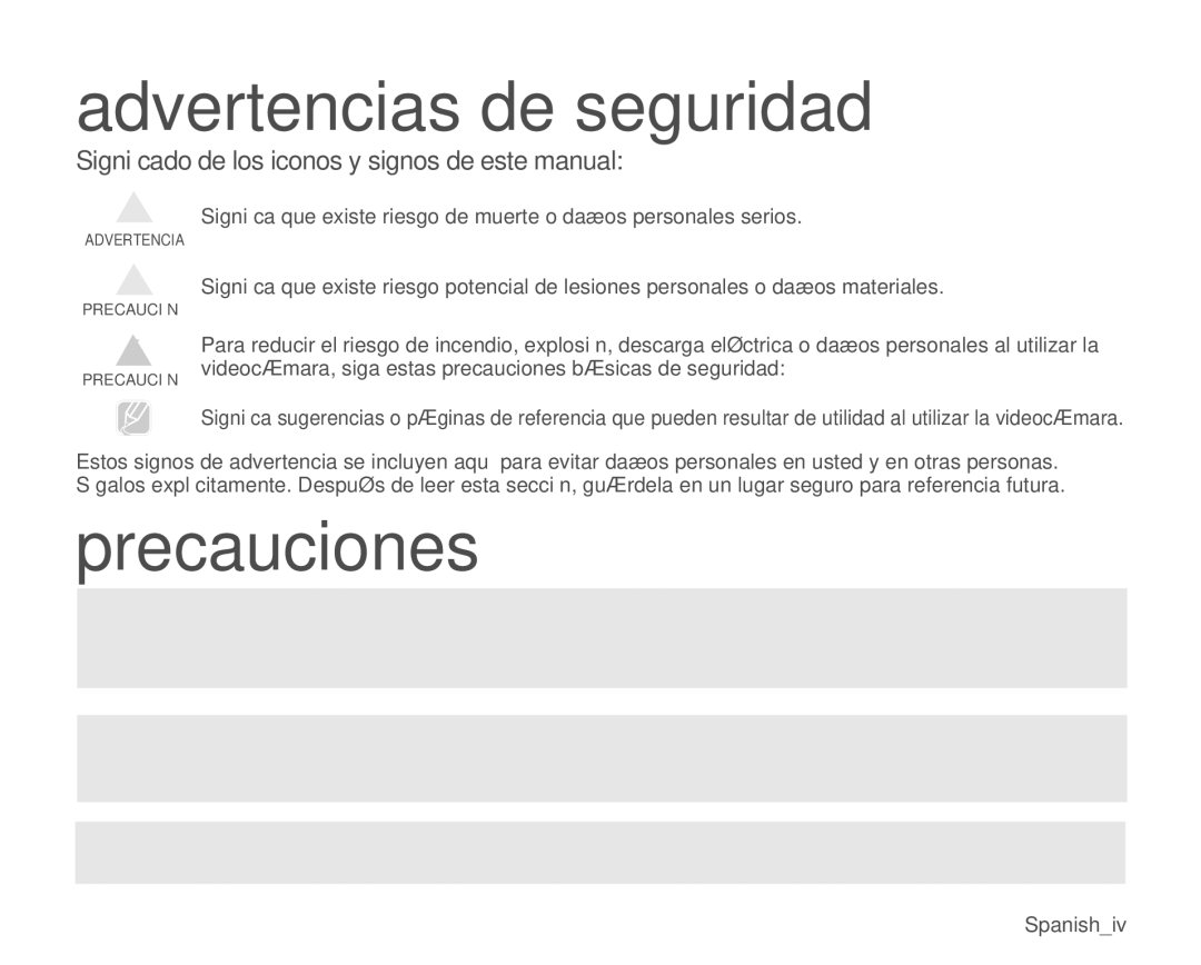 Samsung VP-MX25E/EDC manual Advertencias de seguridad, Precauciones, Precaución 