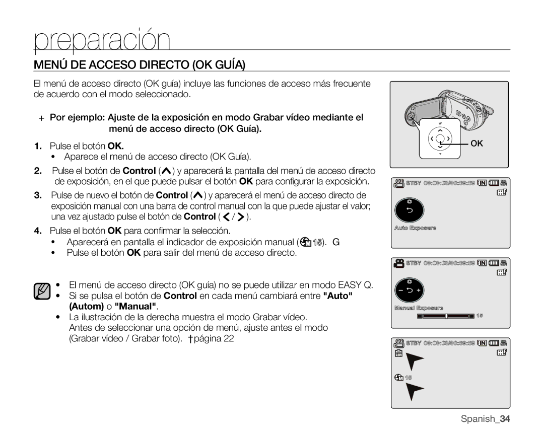 Samsung VP-MX25E/EDC manual Menú DE Acceso Directo OK Guía 