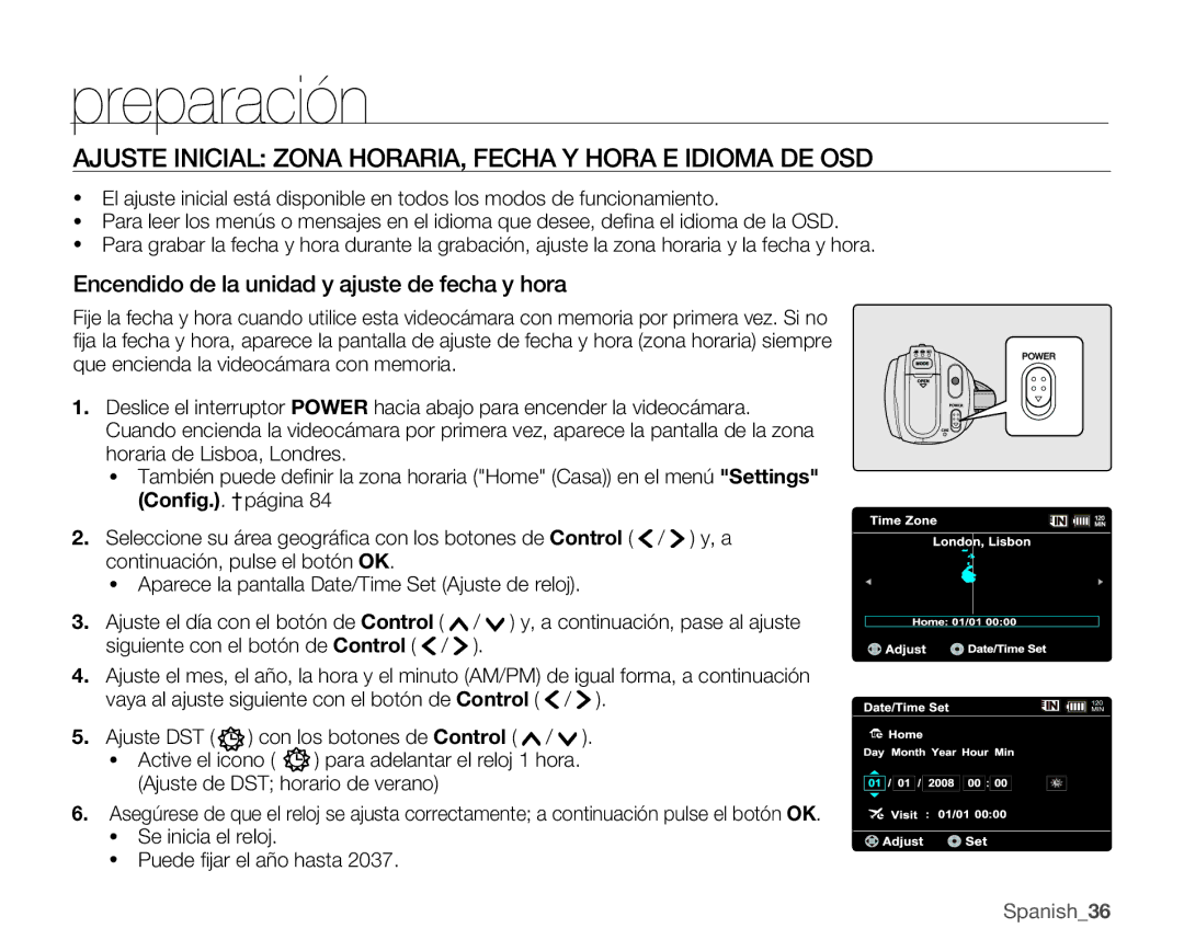 Samsung VP-MX25E/EDC manual Ajuste Inicial Zona HORARIA, Fecha Y Hora E Idioma DE OSD 