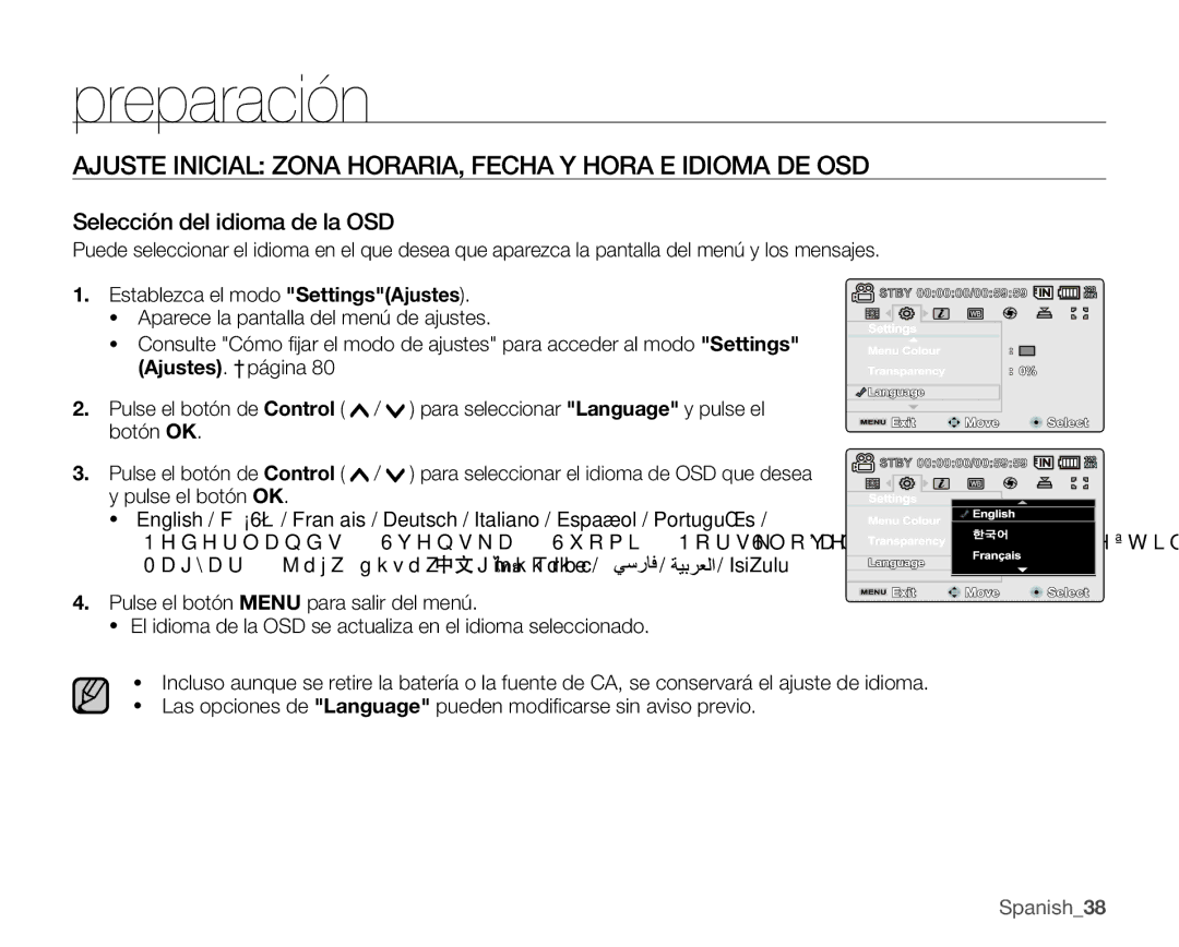 Samsung VP-MX25E/EDC manual Selección del idioma de la OSD, Establezca el modo SettingsAjustes 