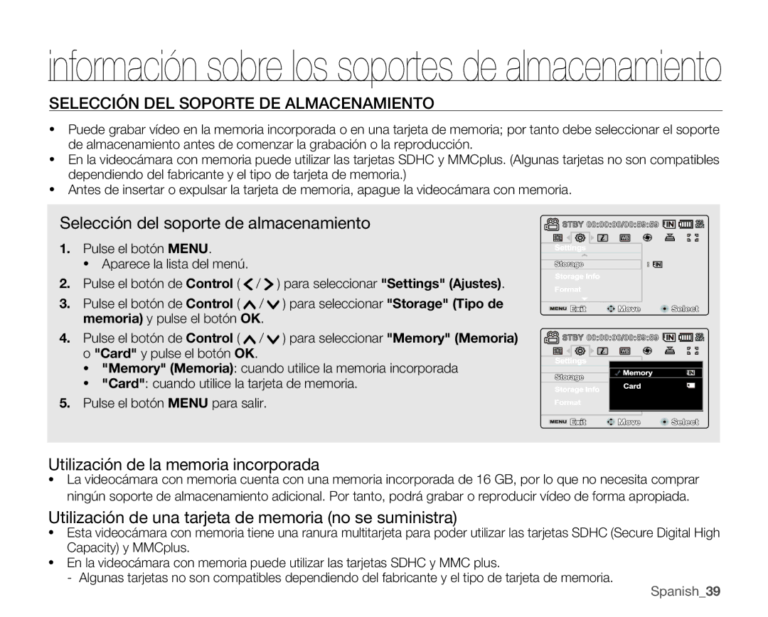 Samsung VP-MX25E/EDC manual Selección DEL Soporte DE Almacenamiento, Selección del soporte de almacenamiento 