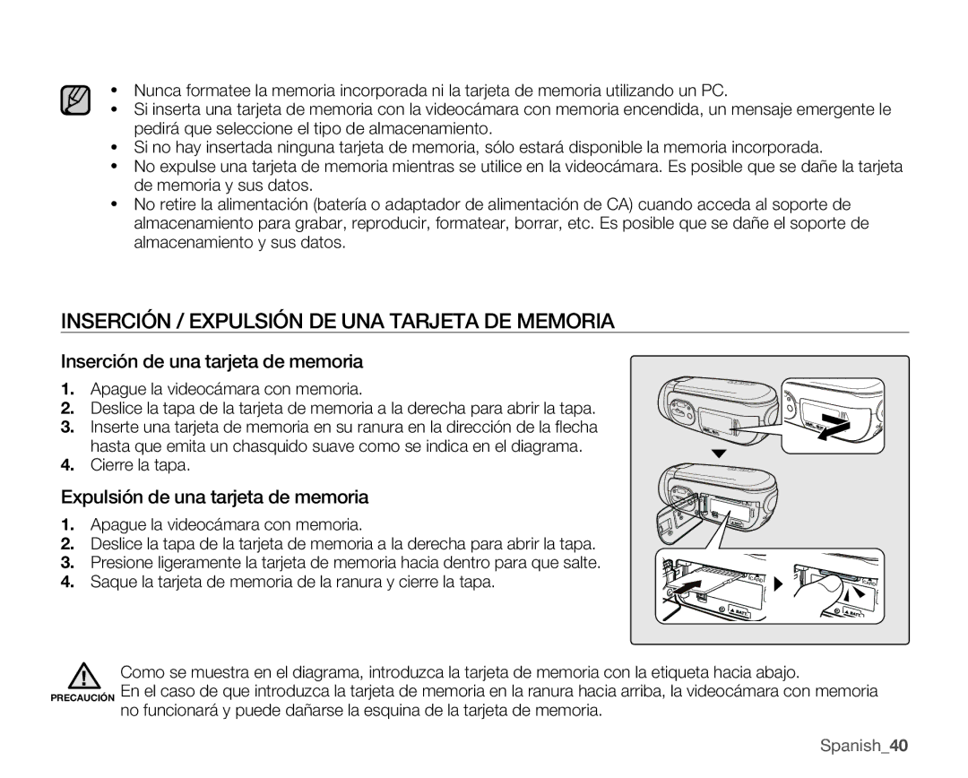 Samsung VP-MX25E/EDC Inserción / Expulsión DE UNA Tarjeta DE Memoria, Inserción de una tarjeta de memoria, Cierre la tapa 