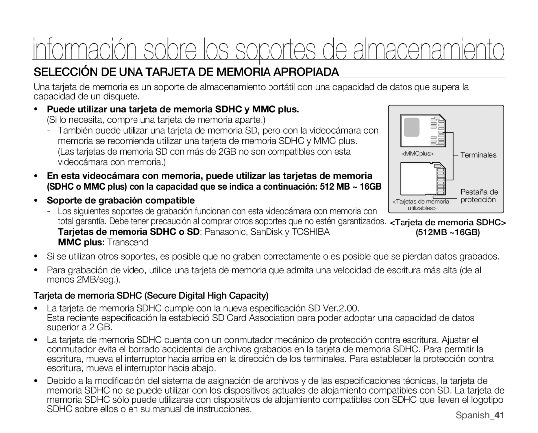 Samsung VP-MX25E/EDC Selección DE UNA Tarjeta DE Memoria Apropiada, Soporte de grabación compatible, MMC plus Transcend 