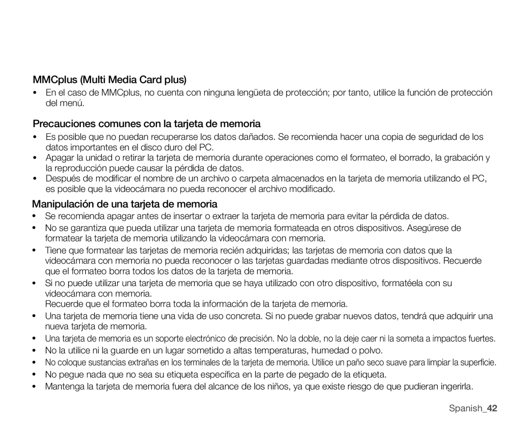 Samsung VP-MX25E/EDC manual MMCplus Multi Media Card plus, Precauciones comunes con la tarjeta de memoria 