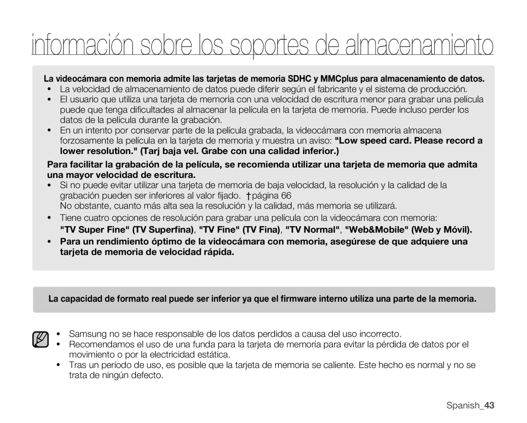 Samsung VP-MX25E/EDC manual Información sobre los soportes de almacenamiento 