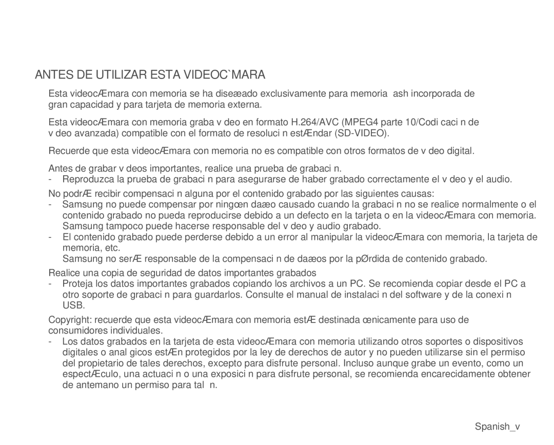 Samsung VP-MX25E/EDC Antes DE Utilizar Esta Videocámara, Realice una copia de seguridad de datos importantes grabados 