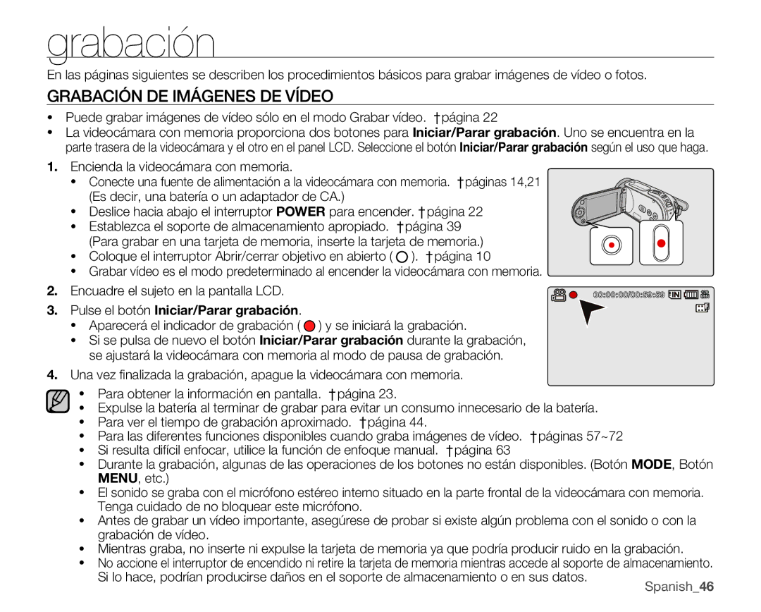 Samsung VP-MX25E/EDC manual Grabación DE Imágenes DE Vídeo, Pulse el botón Iniciar/Parar grabación 