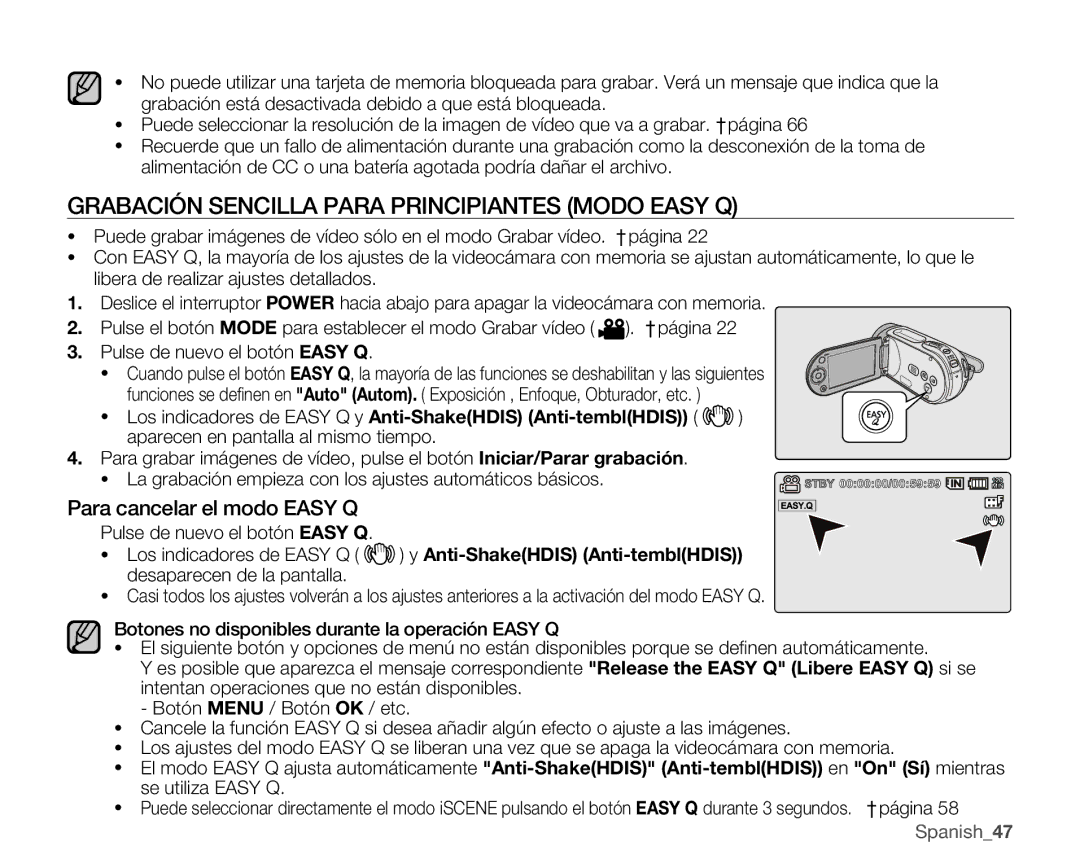 Samsung VP-MX25E/EDC manual Grabación Sencilla Para Principiantes Modo Easy Q, Para cancelar el modo Easy Q 