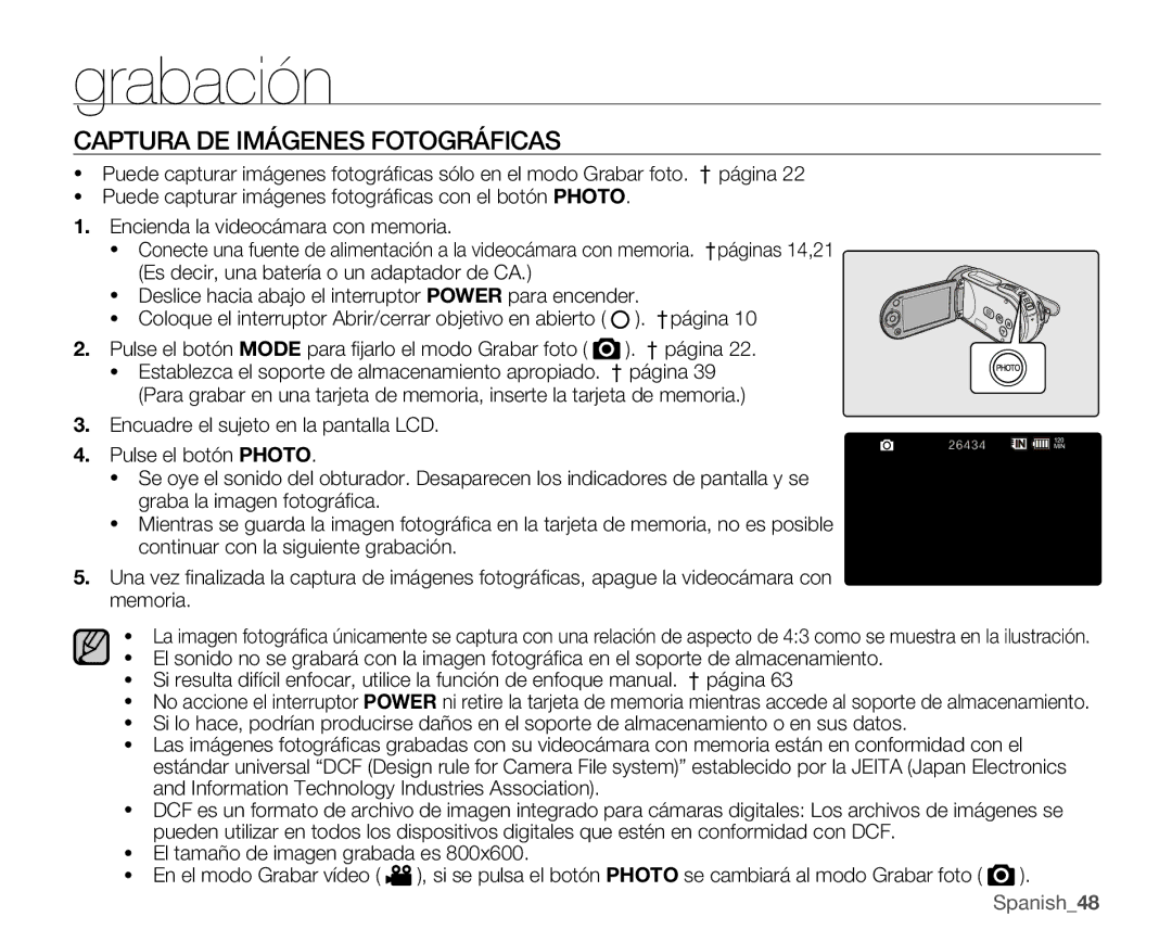 Samsung VP-MX25E/EDC manual Captura DE Imágenes Fotográficas 