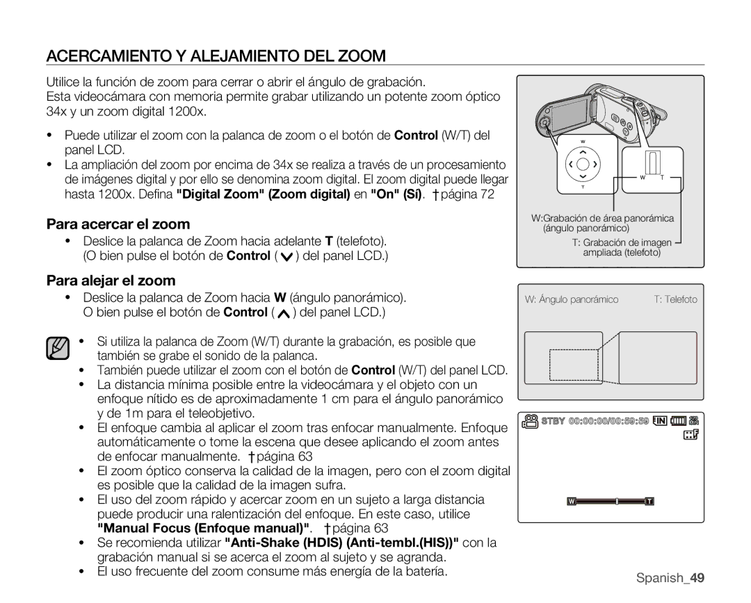 Samsung VP-MX25E/EDC manual Acercamiento Y Alejamiento DEL Zoom, Para acercar el zoom, Para alejar el zoom 