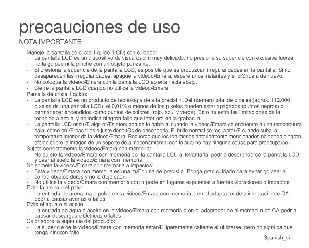 Samsung VP-MX25E/EDC manual Precauciones de uso, Nota Importante 