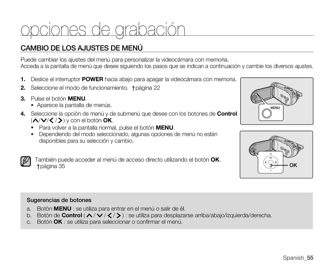 Samsung VP-MX25E/EDC manual Opciones de grabación, Cambio DE LOS Ajustes DE Menú 