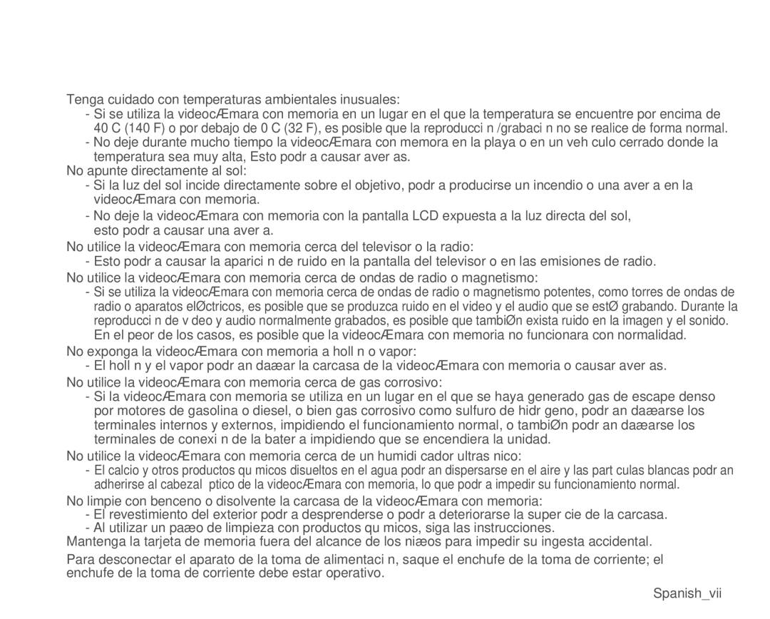 Samsung VP-MX25E/EDC manual Tenga cuidado con temperaturas ambientales inusuales, No apunte directamente al sol 