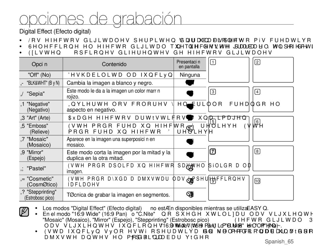 Samsung VP-MX25E/EDC manual Digital Effect Efecto digital 