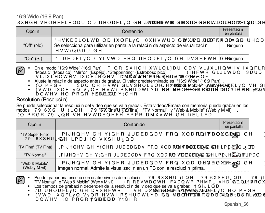 Samsung VP-MX25E/EDC manual Wide 169 Pan, Resolution Resolución, HVWiQGDUGH 