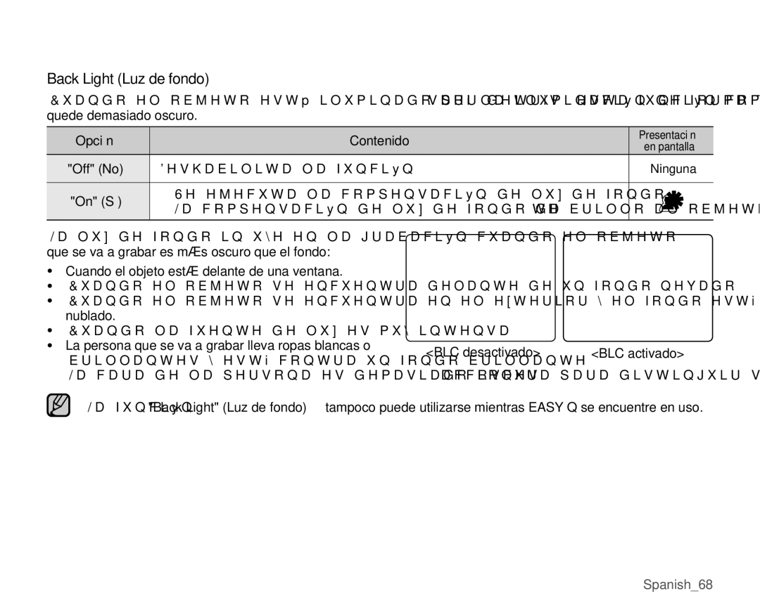 Samsung VP-MX25E/EDC manual Back Light Luz de fondo, 6HHMHFXWDODFRPSHQVDFLyQGHOXGHIRQGR 