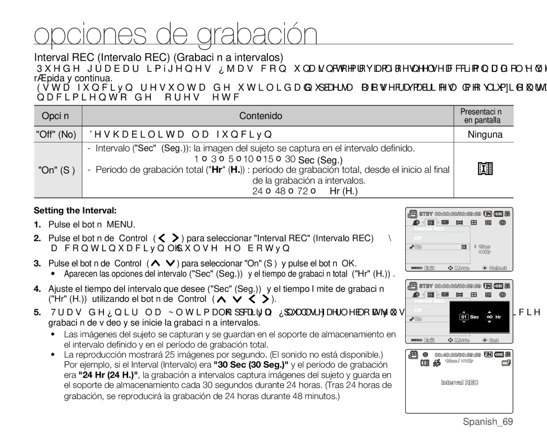 Samsung VP-MX25E/EDC manual Interval REC Intervalo REC Grabación a intervalos, 1ο 3ο 5ο10ο15ο30 Sec Seg 