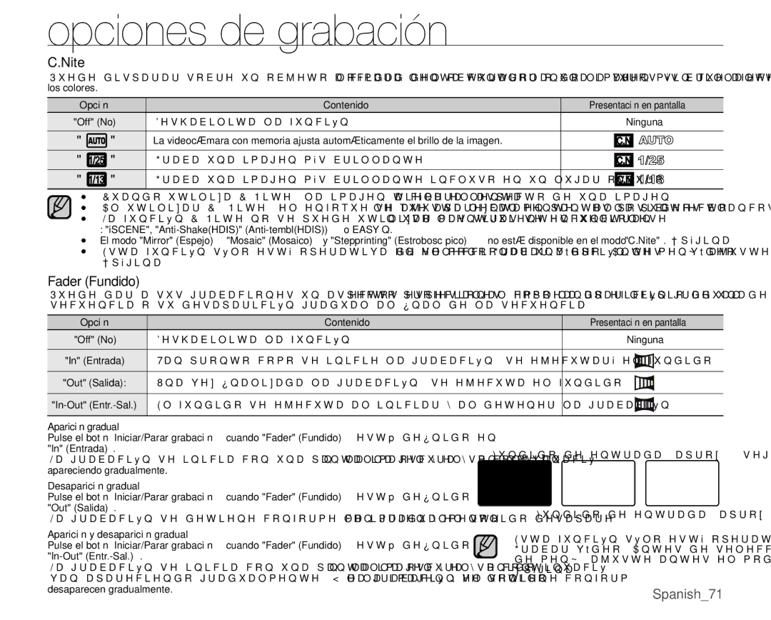 Samsung VP-MX25E/EDC manual Nite, Fader Fundido 