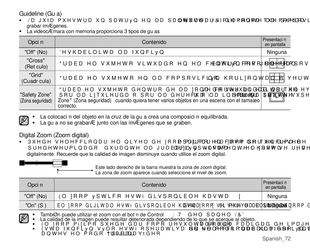 Samsung VP-MX25E/EDC manual Guideline Guía, Digital Zoom Zoom digital, Retículo, Correcto 