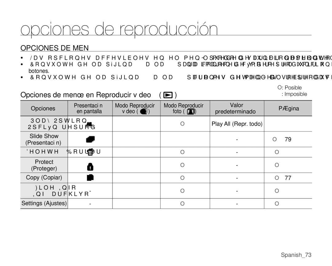 Samsung VP-MX25E/EDC manual Opciones de reproducción, Opciones DE Menú, Botones 