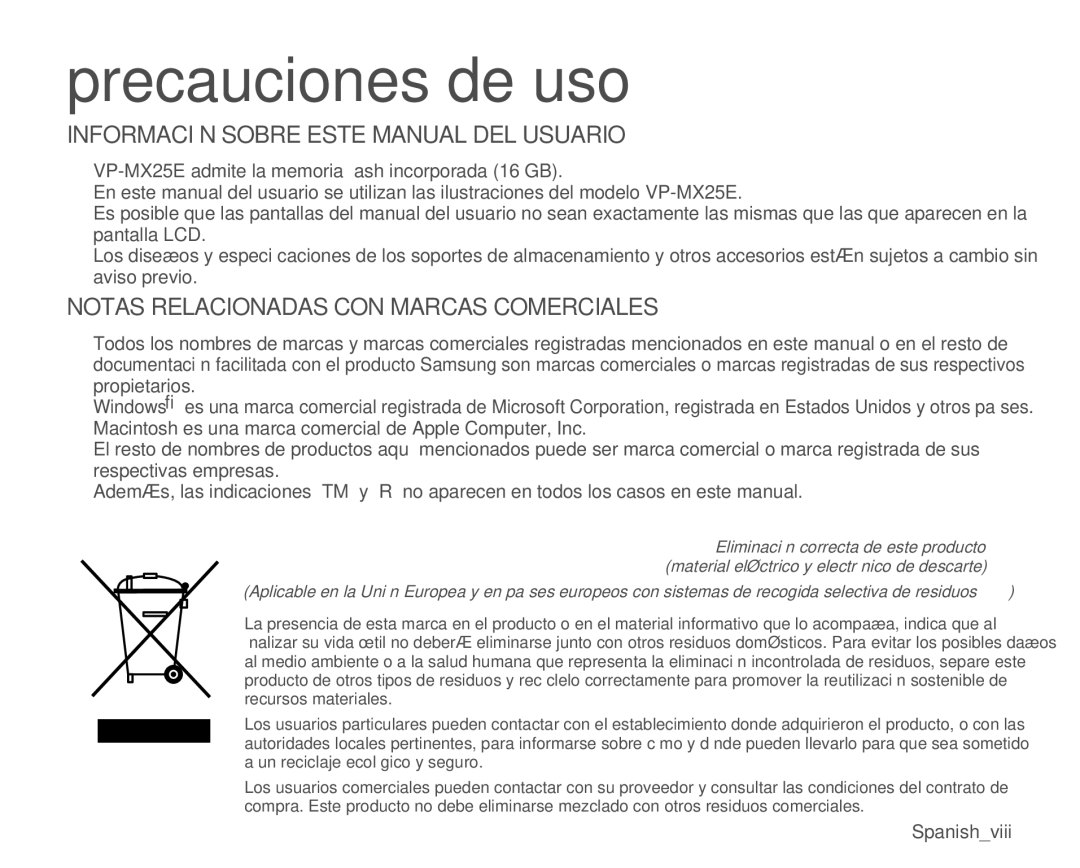 Samsung VP-MX25E/EDC manual Información Sobre Este Manual DEL Usuario, Notas Relacionadas CON Marcas Comerciales 