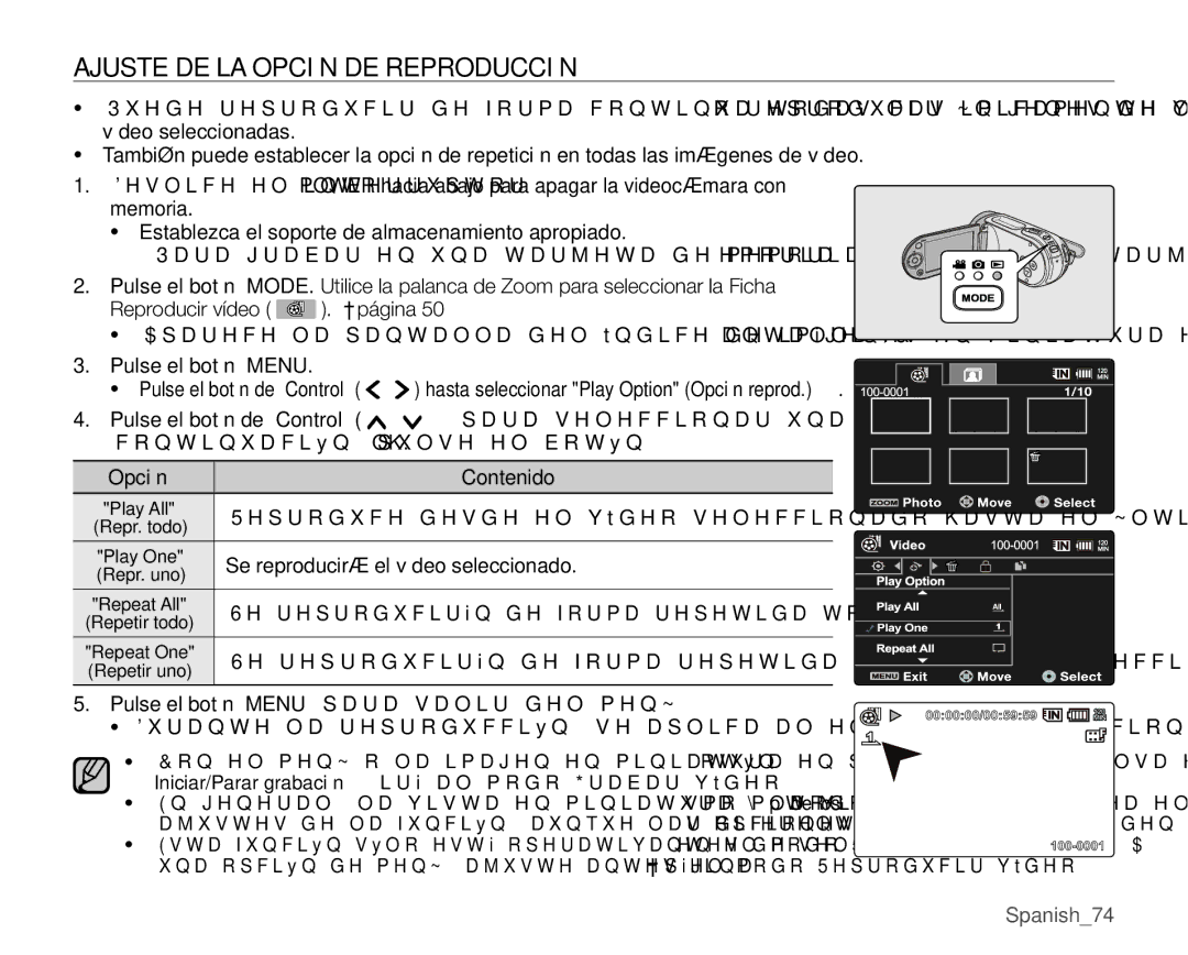 Samsung VP-MX25E/EDC manual Ajuste DE LA Opción DE Reproducción, Se reproducirá el vídeo seleccionado 