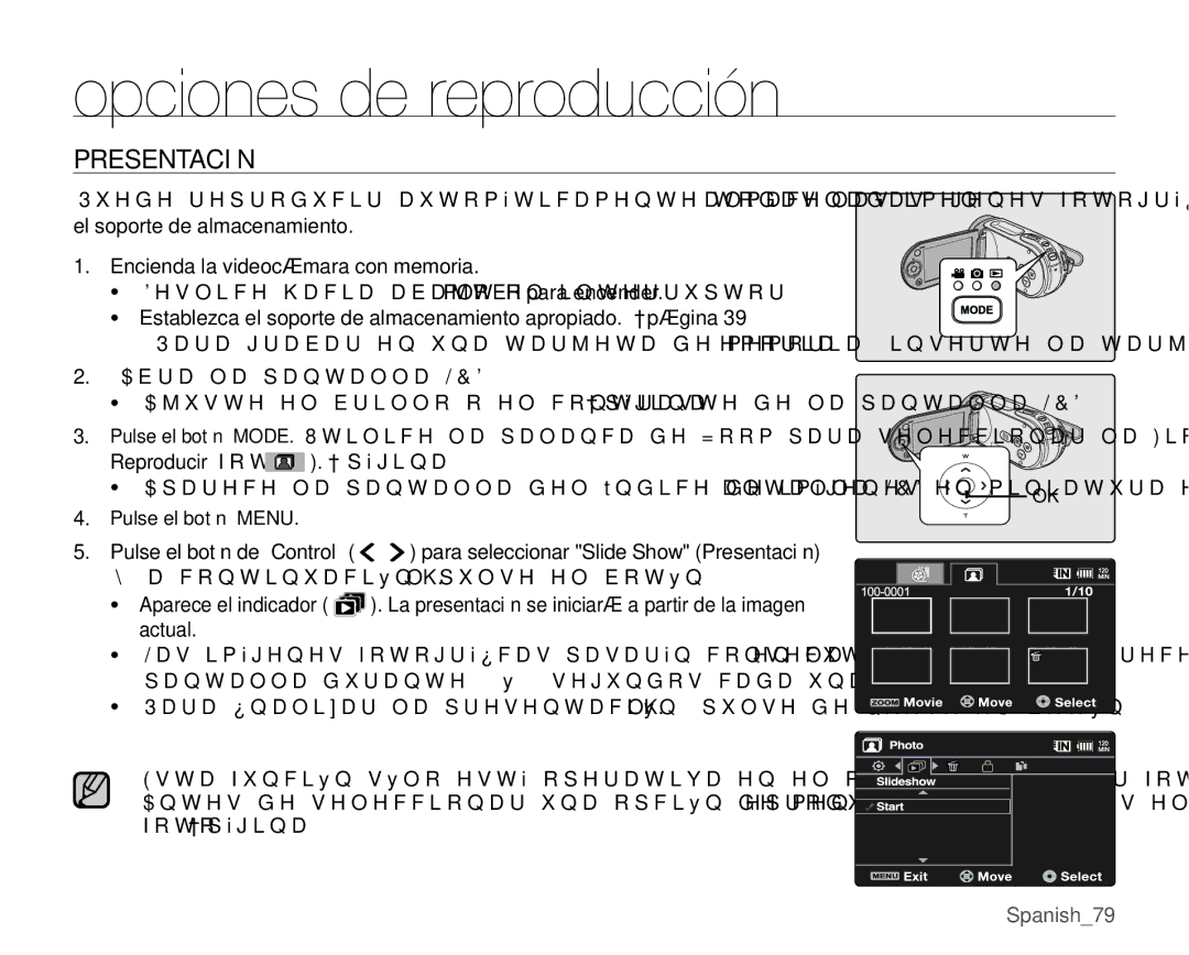 Samsung VP-MX25E/EDC manual ²SiJLQD, Pulse el botón de Control,  para seleccionar Slide Show Presentación 