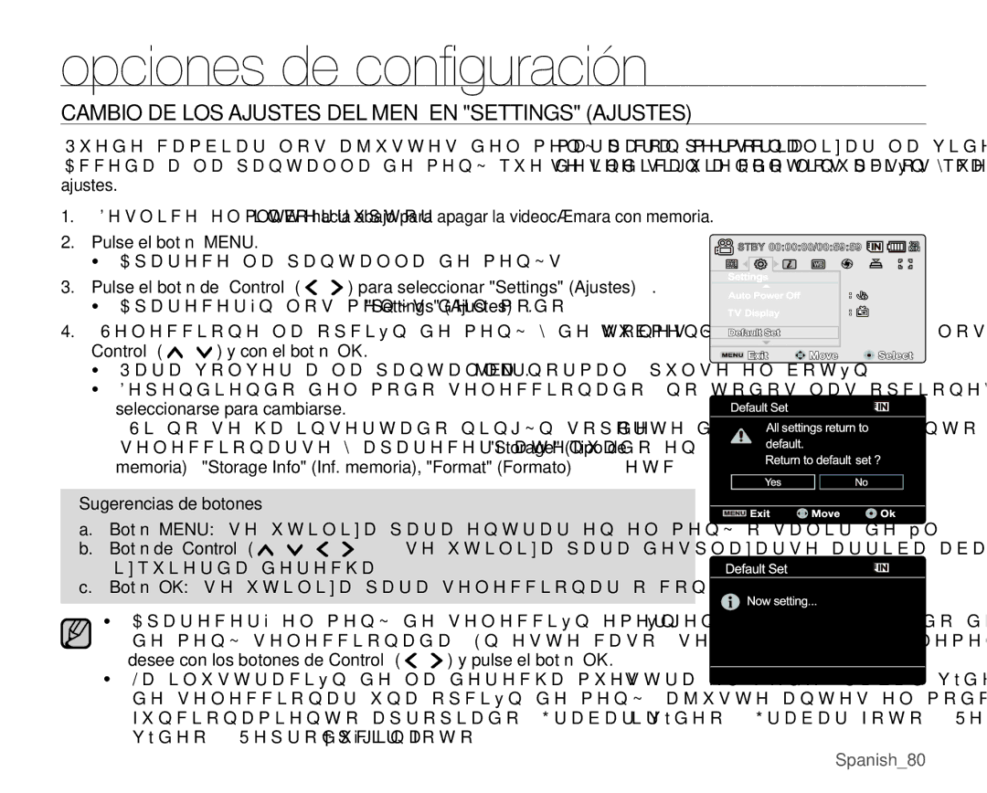 Samsung VP-MX25E/EDC Opciones de conﬁguración, Cambio DE LOS Ajustes DEL Menú EN Settings Ajustes, Sugerencias de botones 